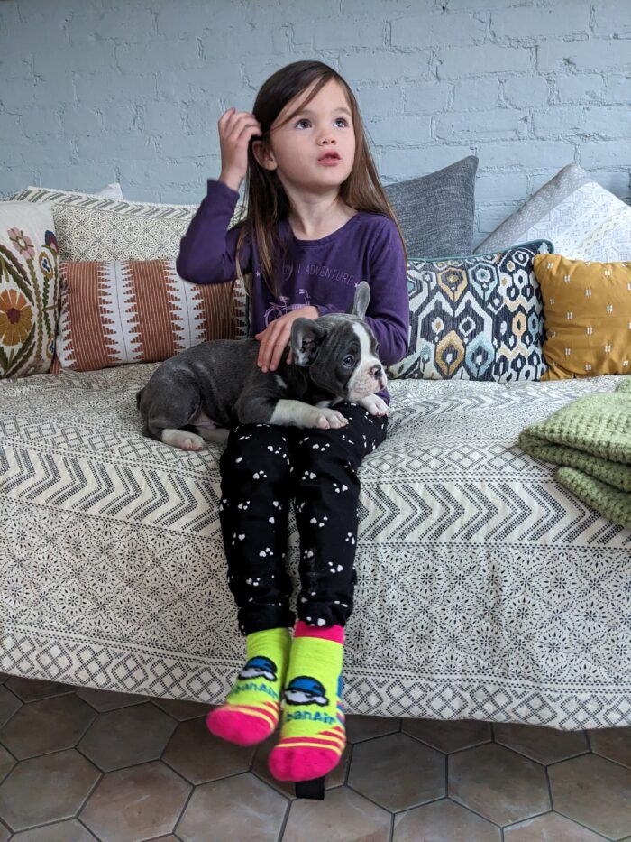 Ella with Bootsy the French bulldog puppy on her lap