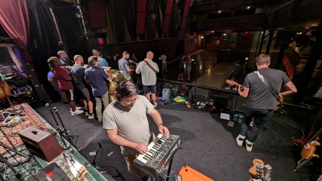 Frostapalooza musicians setting up on stage at Mr Smalls
