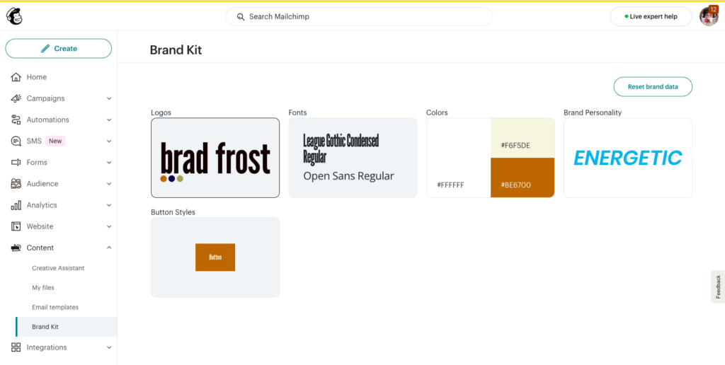 Screenshot of MailChimp's Brand Kit experience, showing a menu to customize logo, fonts, colors, brand personality, and button styles