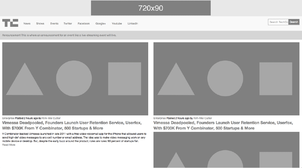 TechCrunch HTML wireframe