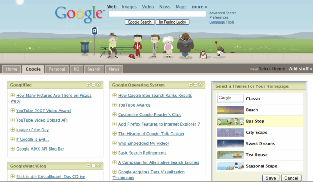 Google Personalized Homepage featuring themes like 