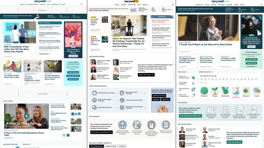 Verywell Health, Verywell Fit, and Verywell Mind websites displayed next to each other
