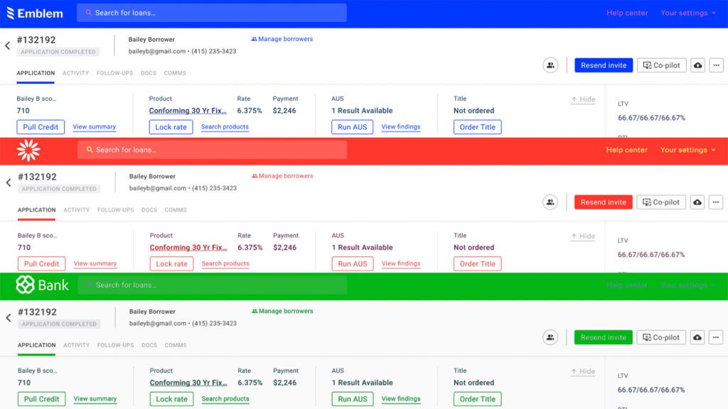 A sample of Blend's UI with different white-labeled color themes and logos applied