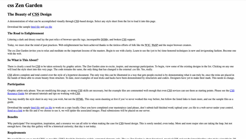 The source HTML code of CSS Zen Garden, devoid of any styles 