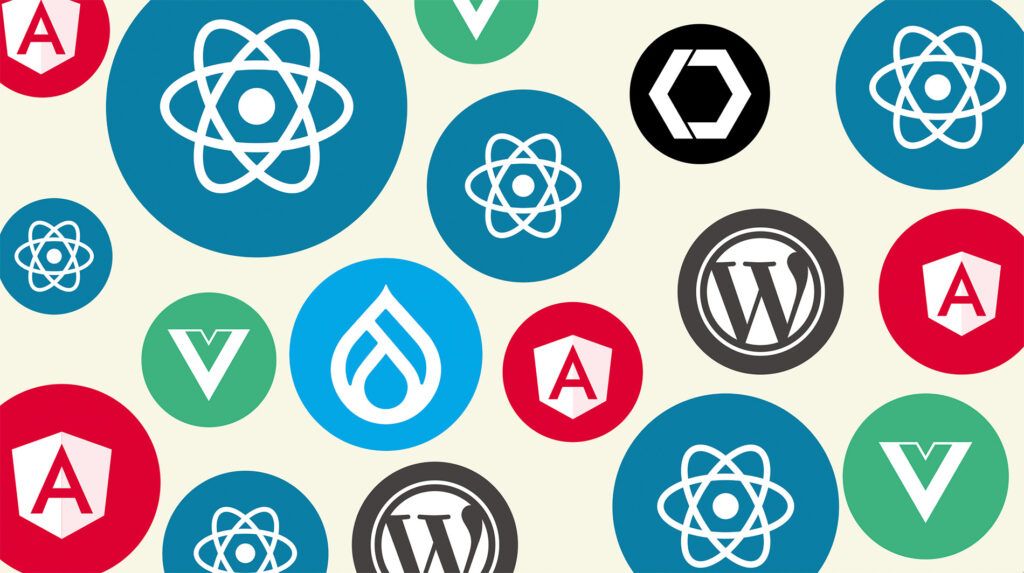 A number of varied circles with different technology logos React, Angular, WordPress, Vue, etc inside them