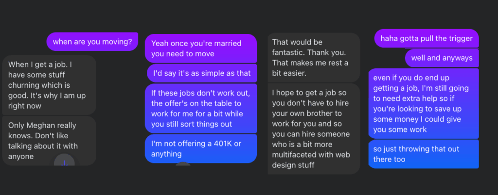 A facebook conversation where Ian and Brad discuss when Ian's moving to Pittsburgh