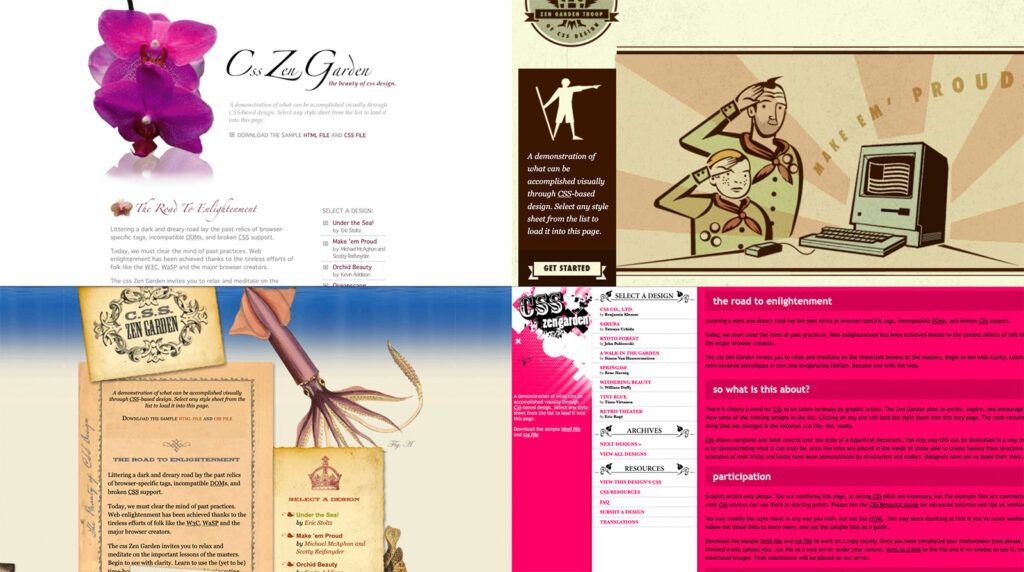 Several examples of submitted designs from the CSS Zen Garden