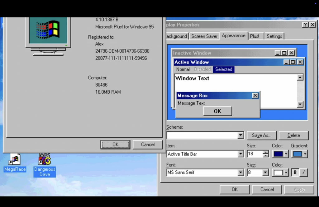 Windows 95 appearence theme displays