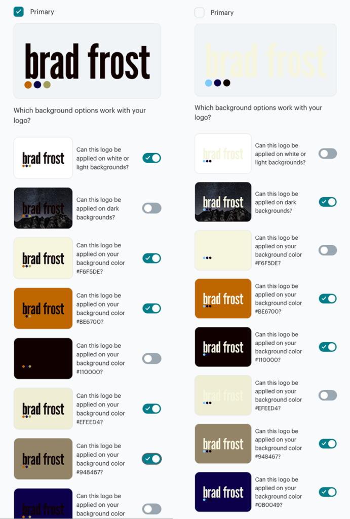 Screenshot showing MailChimp's Brand Kit logo editor, where the logo is placed against brand colors and images and gives the user the ability to select whether or not it is legible & accessible.