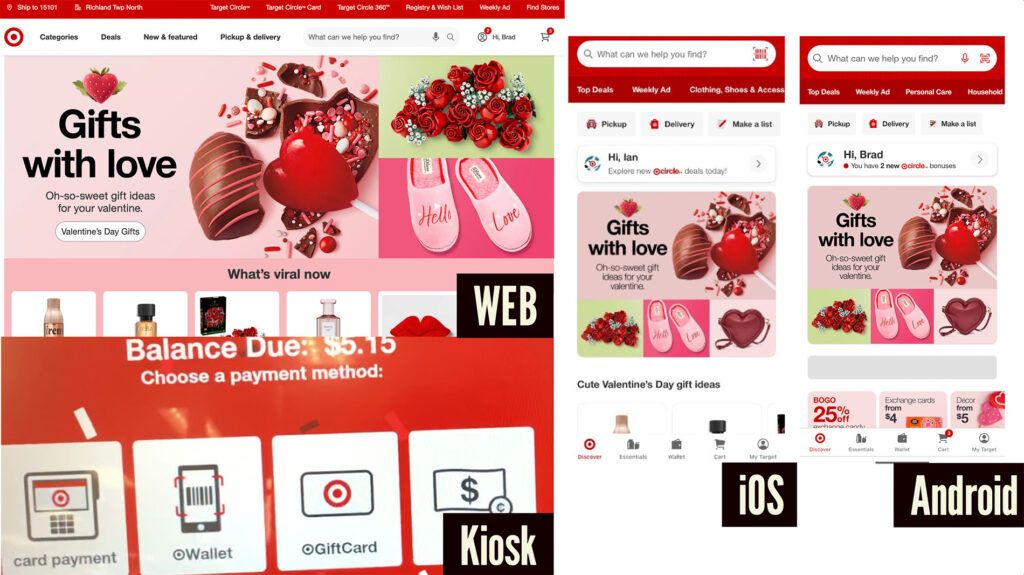 Screenshots of Target's website, iOS, Android, and Kiosk experiences