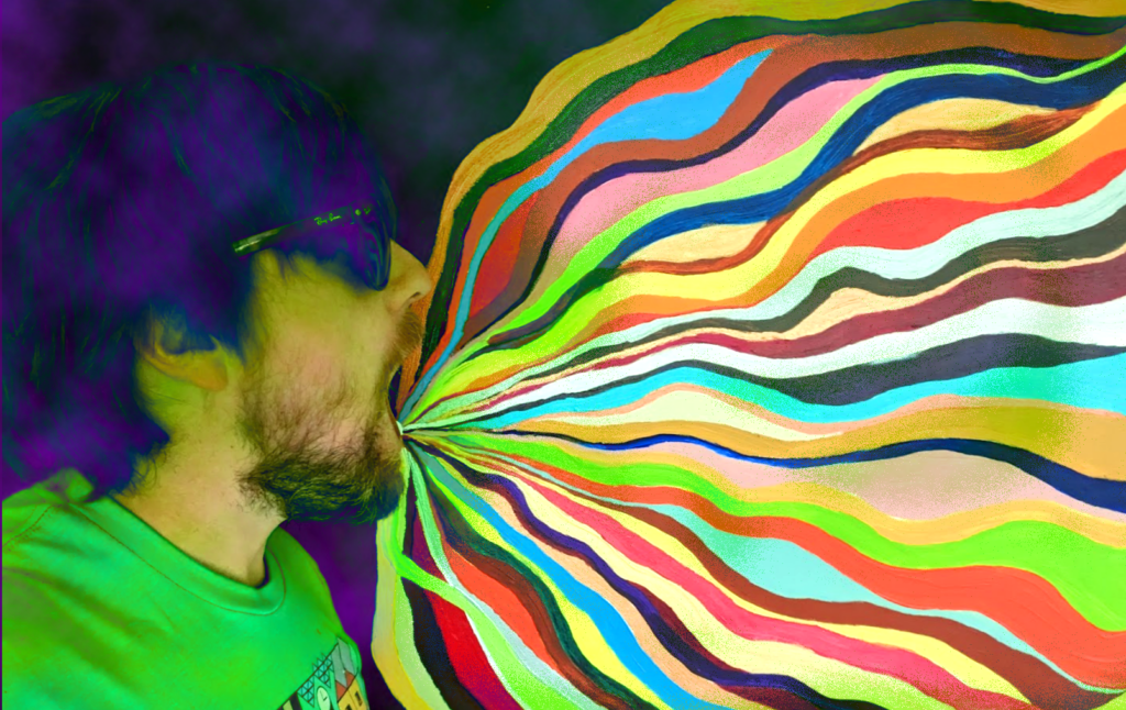 Brad with his mouth open standing in profile with a stream of many colored lines emerging from his mouth