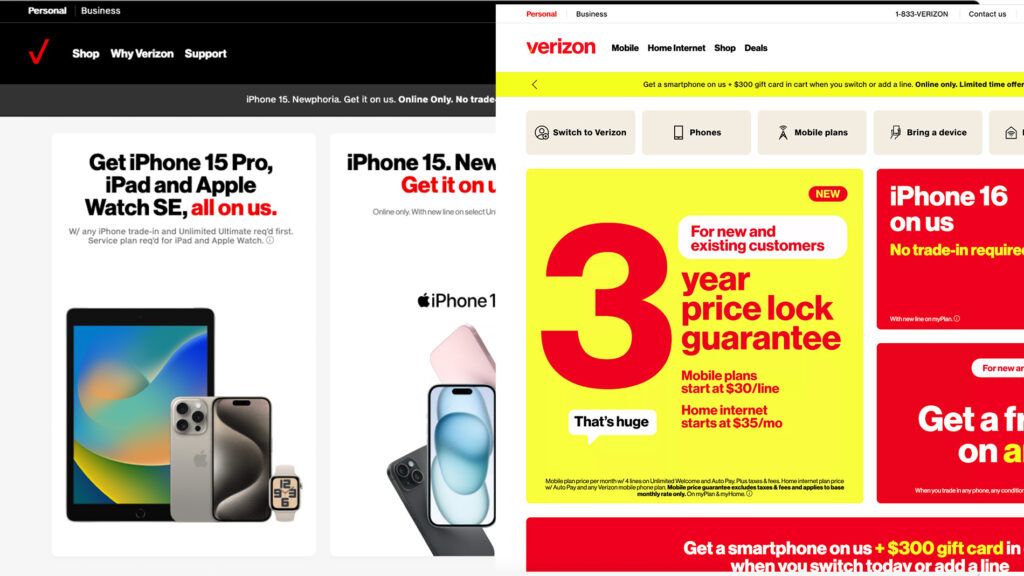 Prior Verizon website design featuring black, white, and subtle red accents, and an updated website that features bright yellows and reds