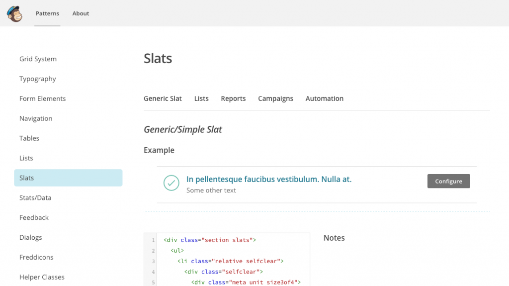 MailChiimp's pattern library displays a live example of each pattern in their library.