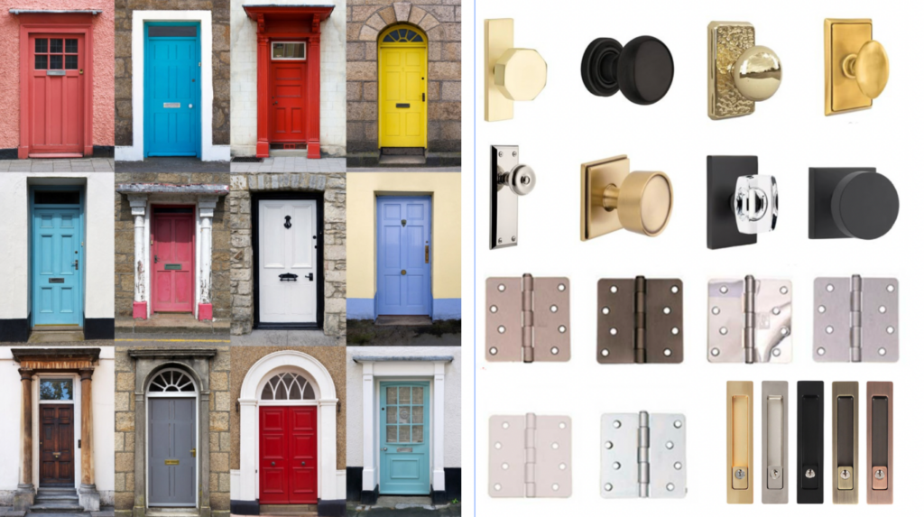A sampling of different colors of exterior doors and a collection of different door hardware materials
