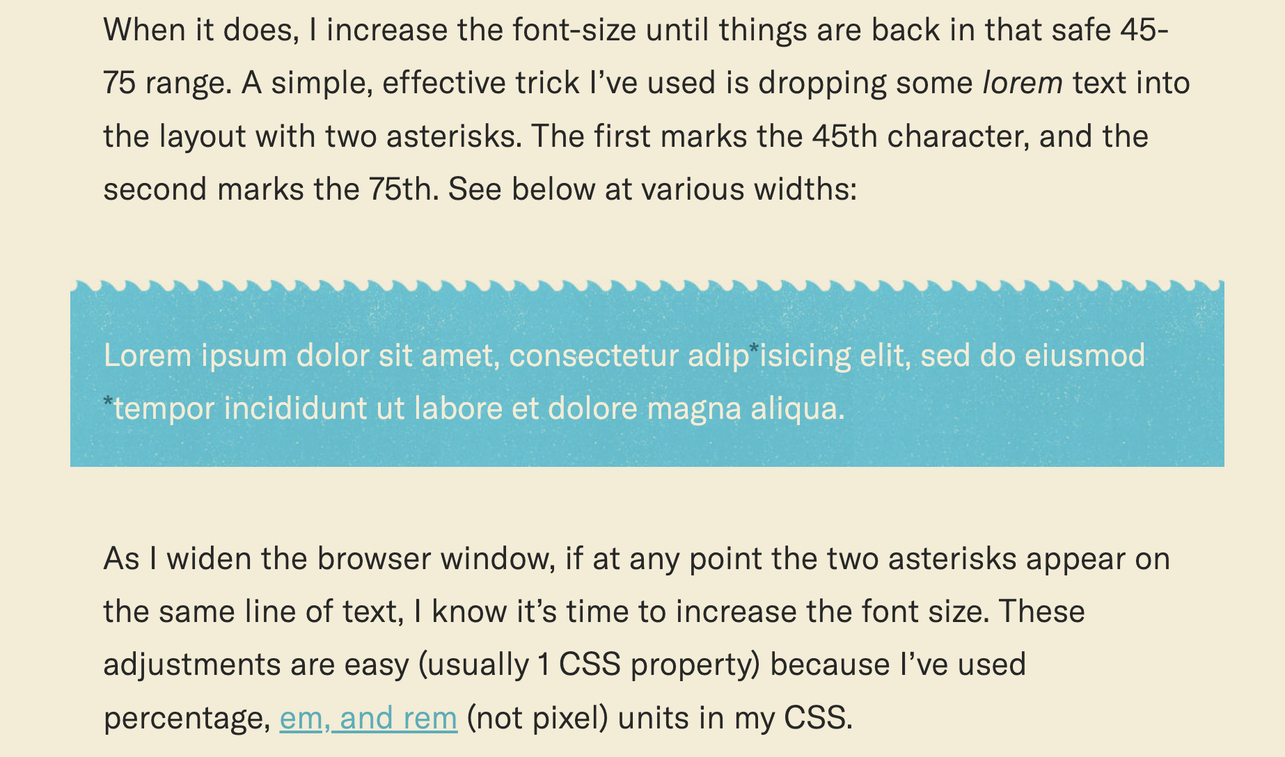 Text-based design tutorial showing lorem ipsum text in a turquoise box with two asterisks marking character count boundaries for responsive typography adjustments