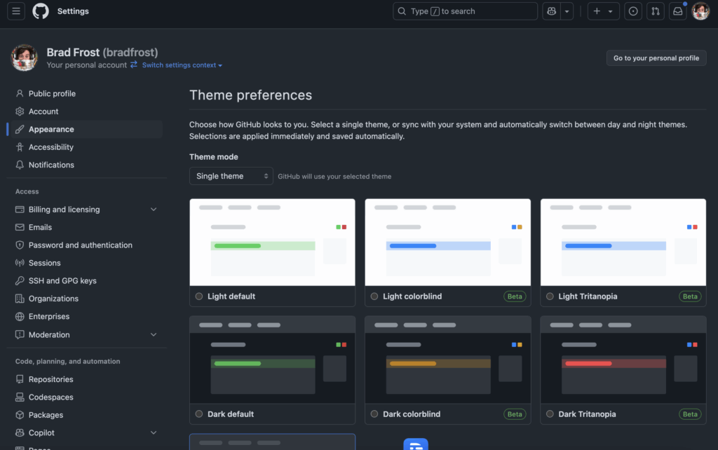 GitHub's theme preference page, showing various options for light and dark mode