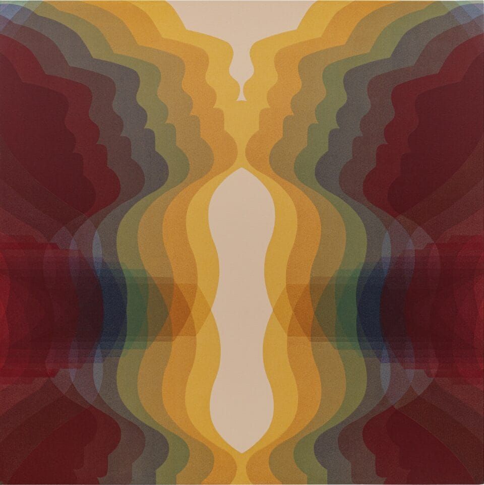 an abstract painting of numerous semi-transparent layers of color, roughly outlining the profiles of faces, creating a prismatic optical effect